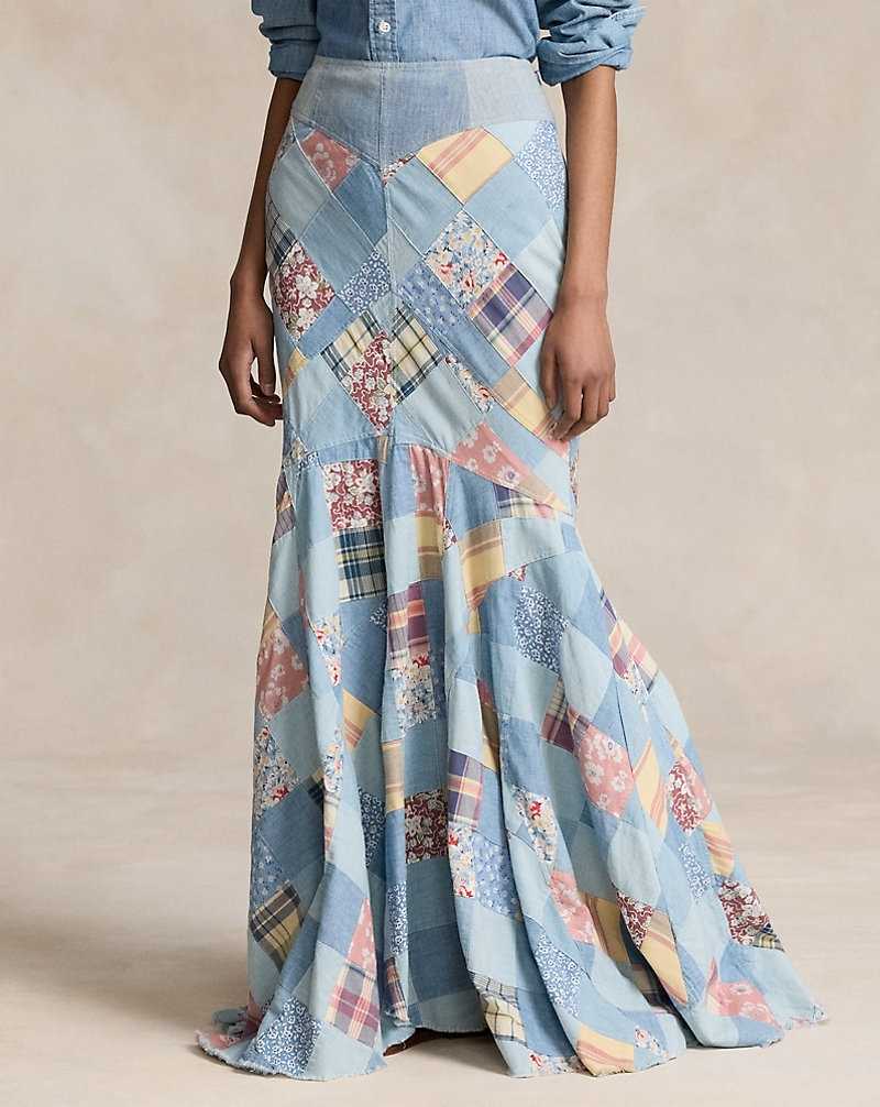 Falda Ralph Lauren Patchwork Cotton Maxiskirt Mujer Chambray Floral Patchwork | OWAZXLG-43 - vista 3
