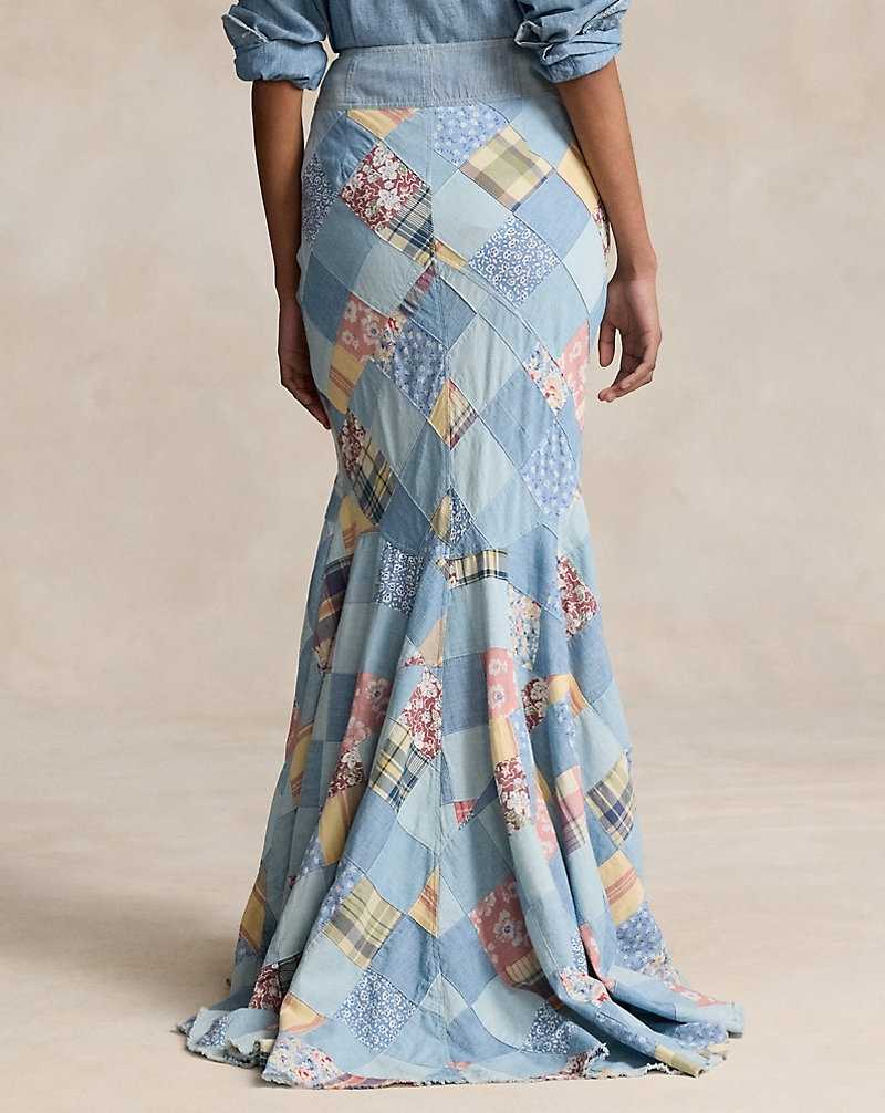 Falda Ralph Lauren Patchwork Cotton Maxiskirt Mujer Chambray Floral Patchwork | OWAZXLG-43 - vista 4