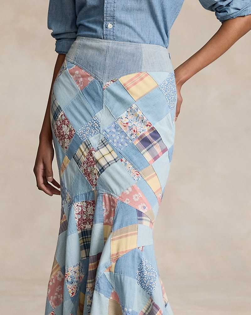 Falda Ralph Lauren Patchwork Cotton Maxiskirt Mujer Chambray Floral Patchwork | OWAZXLG-43 - vista 5