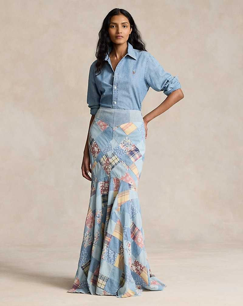 Falda Ralph Lauren Patchwork Cotton Maxiskirt Mujer Chambray Floral Patchwork | OWAZXLG-43 - vista 1
