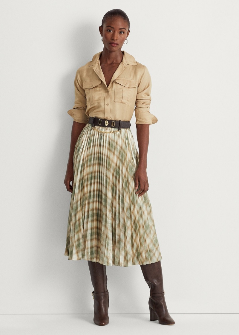 Falda Plaid Plisado Metallic Georgette Mujer Verde Oliva | MFAY61237 - vista 1