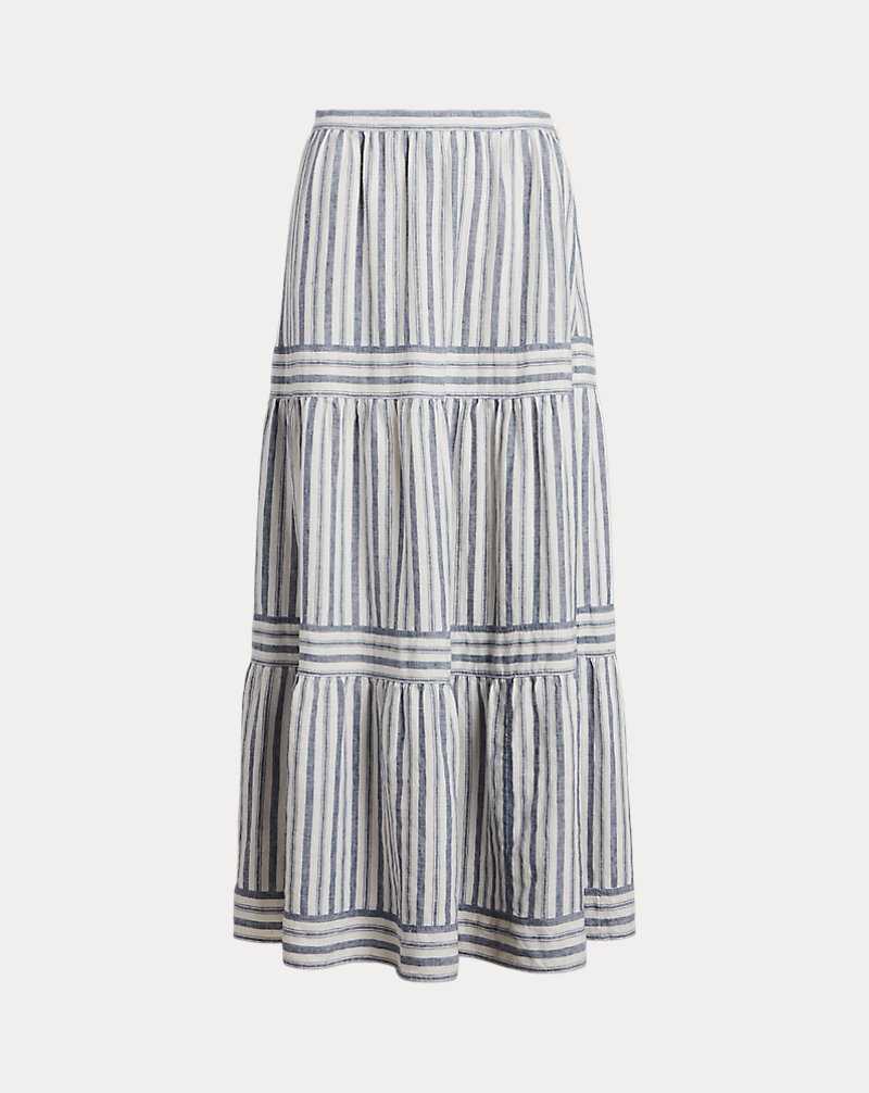 Falda Ralph Lauren Striped Tiered A-Line Linen Mujer 1622 Navy/Cream Multi Str | QBGFUPS-12 - vista 2