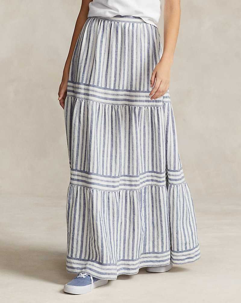 Falda Ralph Lauren Striped Tiered A-Line Linen Mujer 1622 Navy/Cream Multi Str | QBGFUPS-12 - vista 3