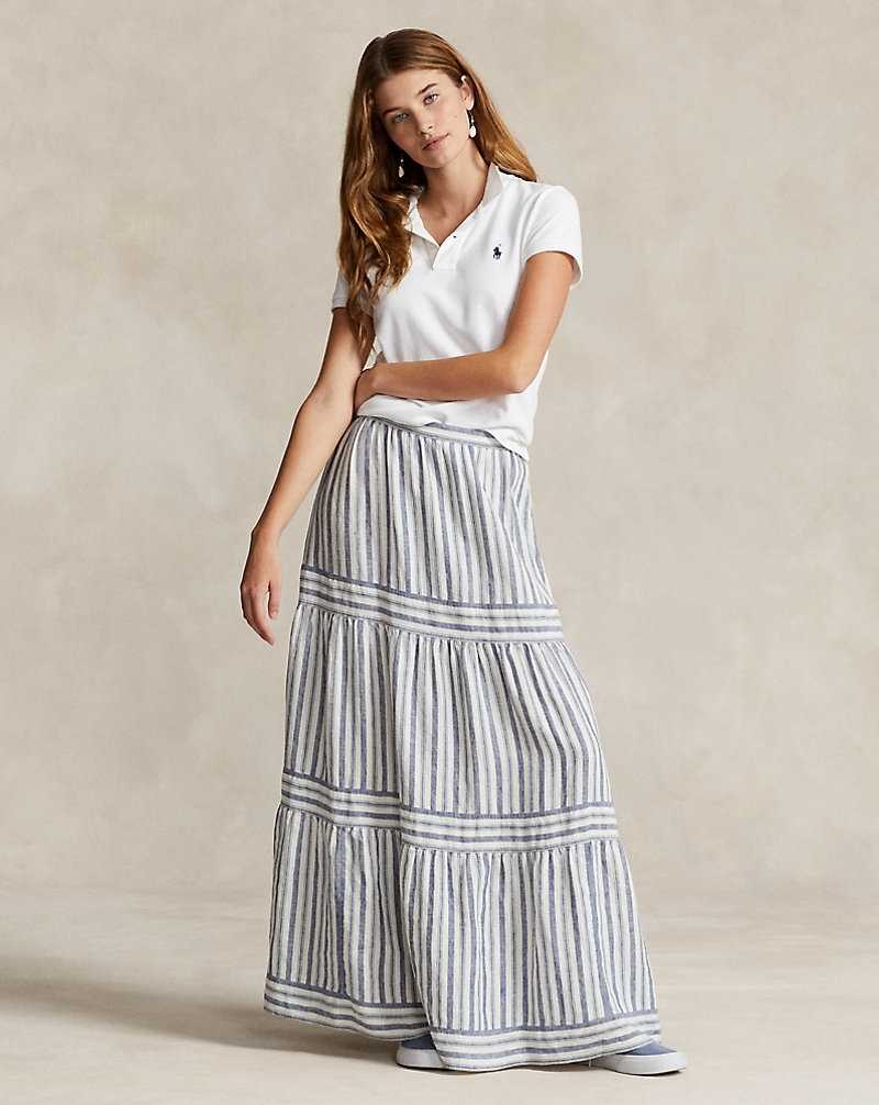 Falda Ralph Lauren Striped Tiered A-Line Linen Mujer 1622 Navy/Cream Multi Str | QBGFUPS-12 - vista 1