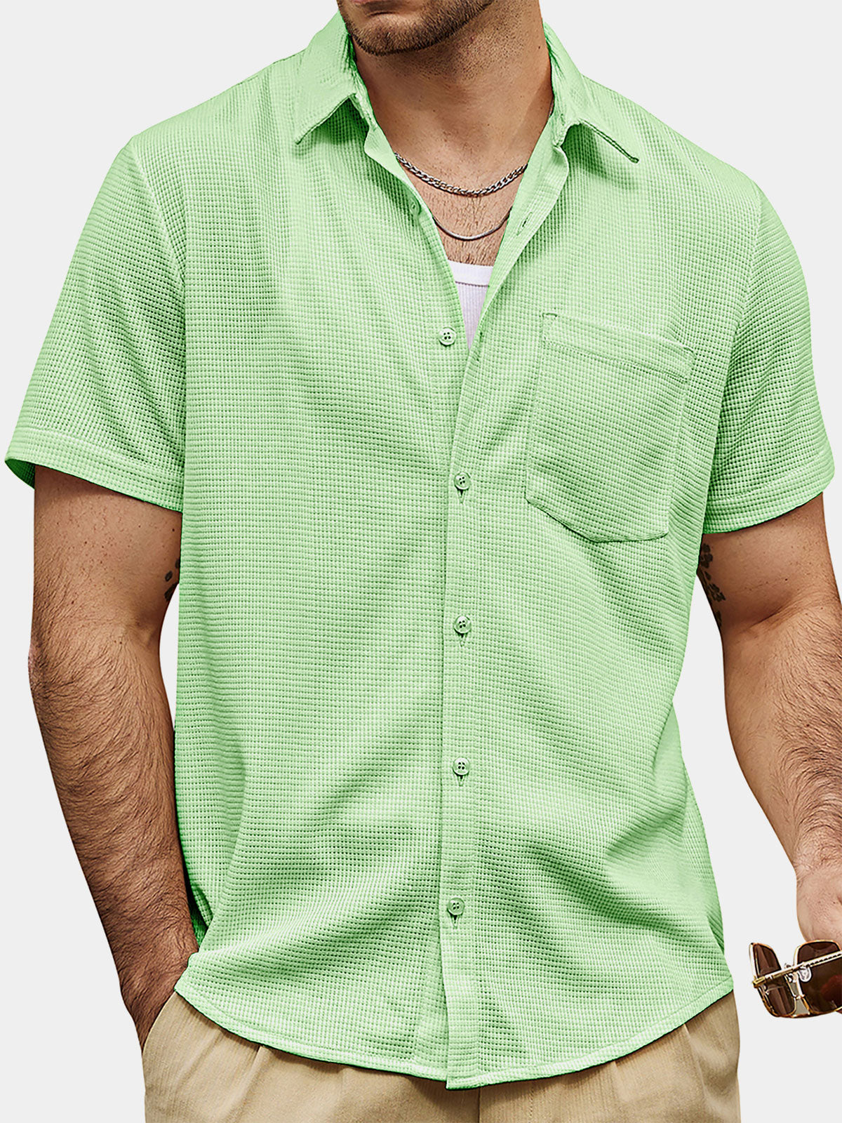 Camisa casual Waffle Summer Beach de manga corta para hombre