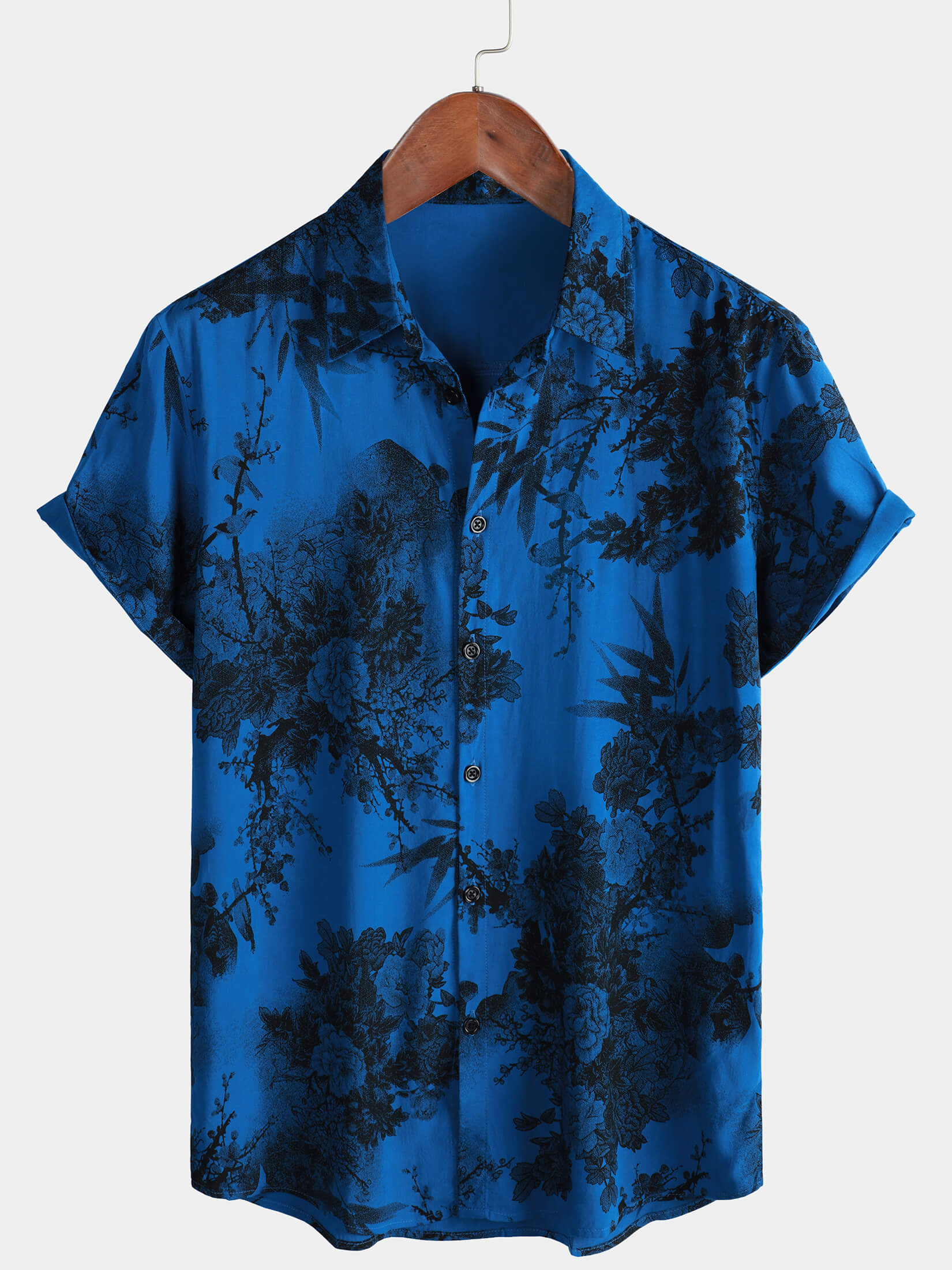 Camisa Blue vintage floral Summer Holiday Hawaiian transpirable Button Up de manga corta para hombre