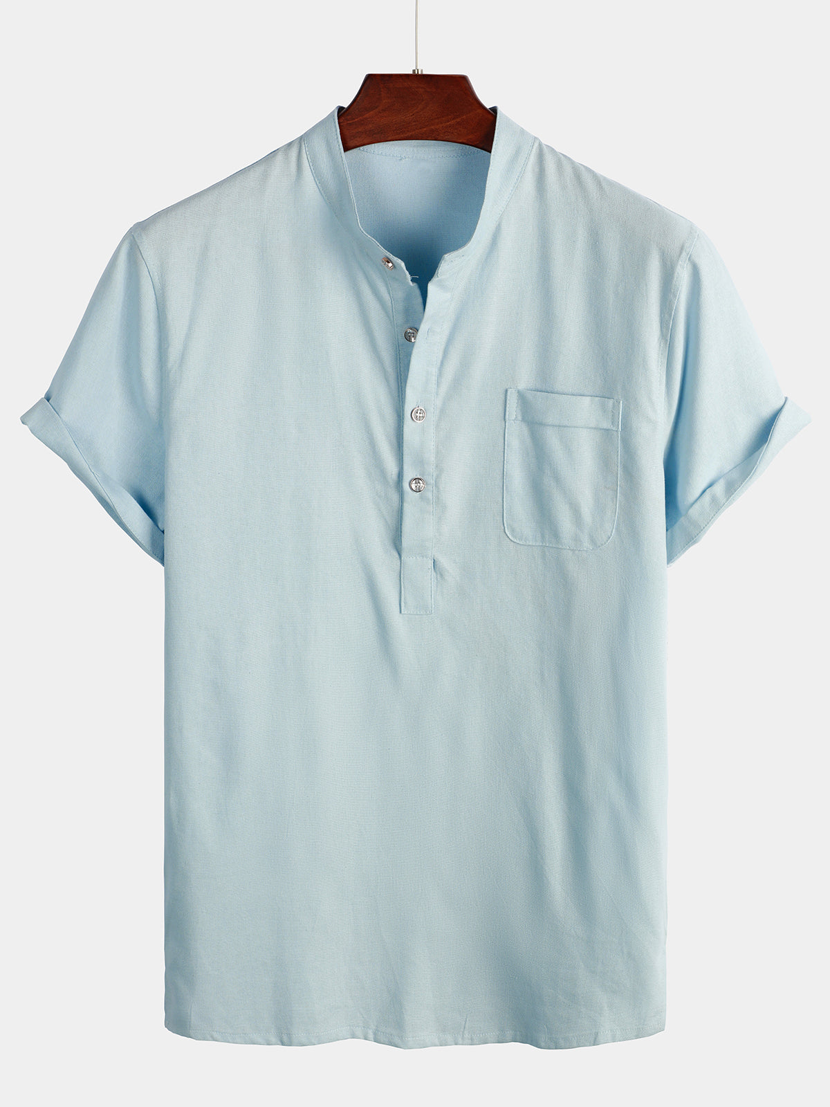 De color sólido Stand Collar Half Button Pocket Froncamiseta para hombre