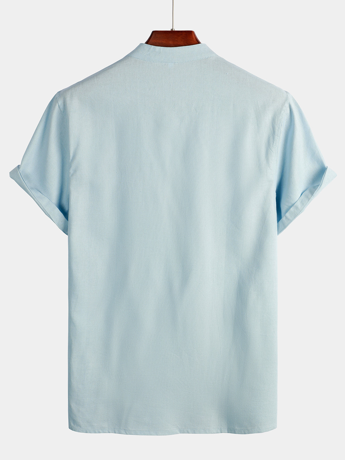 De color sólido Stand Collar Half Button Pocket Froncamiseta para hombre