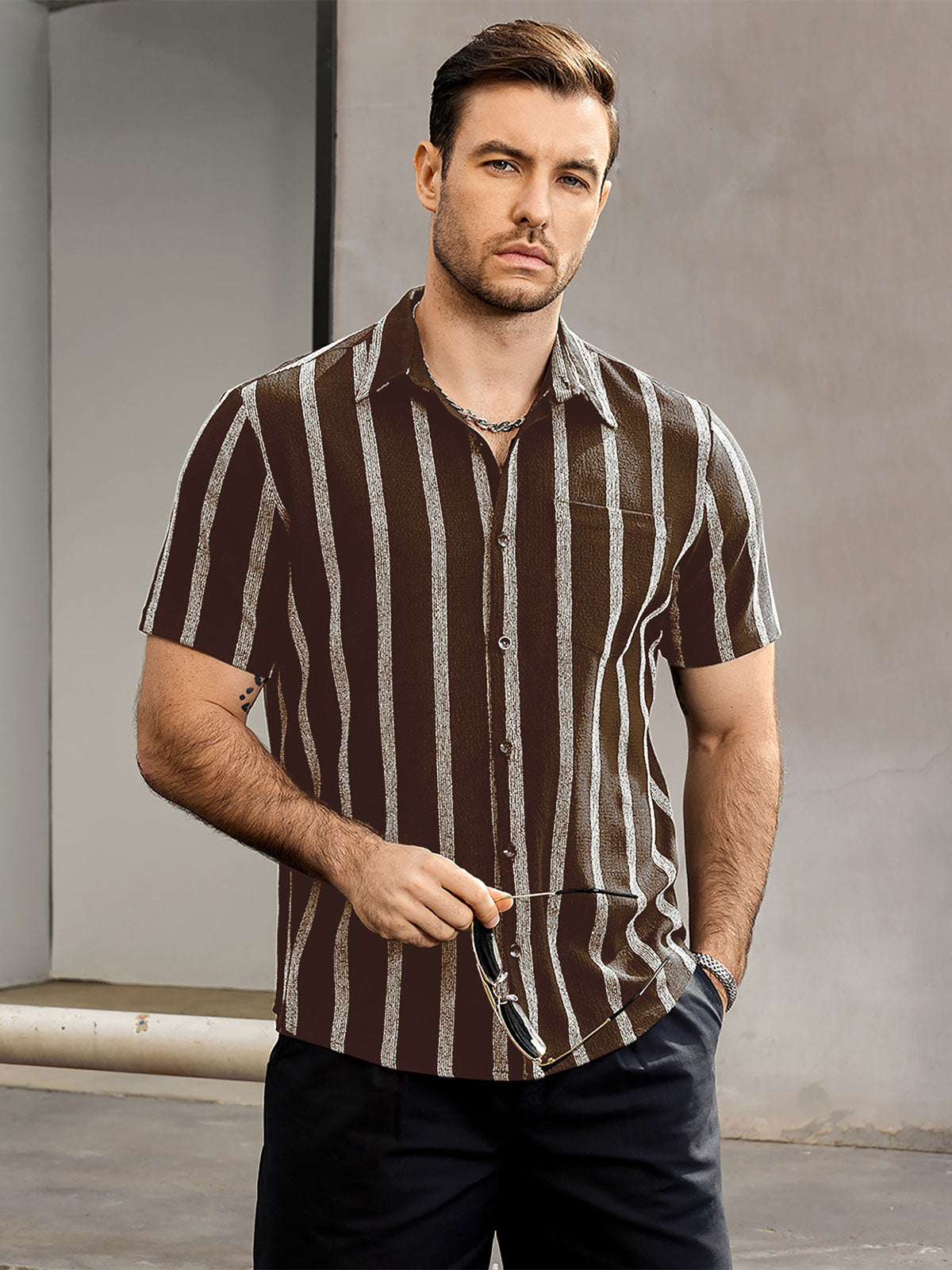Camisa Summer a rayas Pocket Button Up de manga corta Hawaiian para hombre