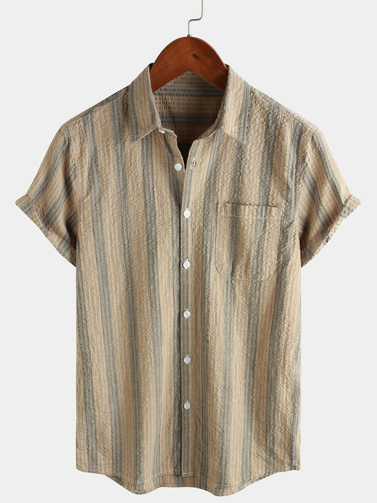 Camisa a rayas de algodón casual Pocket Hawaiian Holiday Button Up de manga corta para hombre
