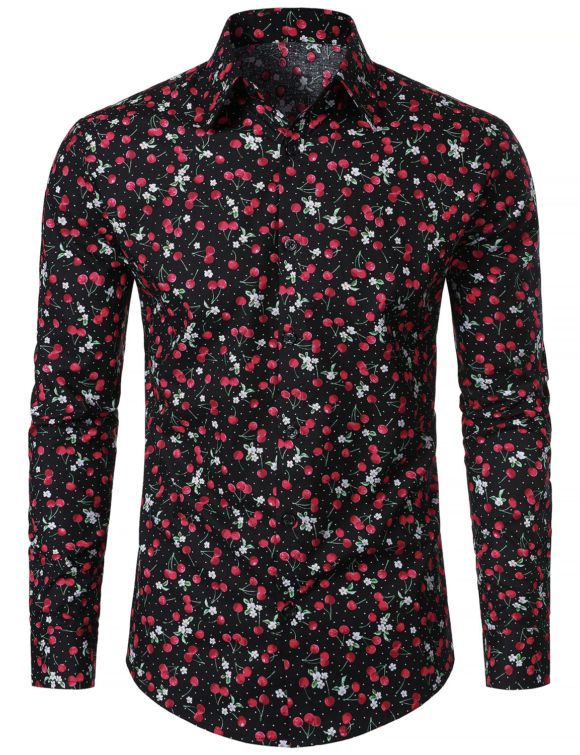 Camisa Cherry estampado transpirable de algodón Black de manga larga para hombre
