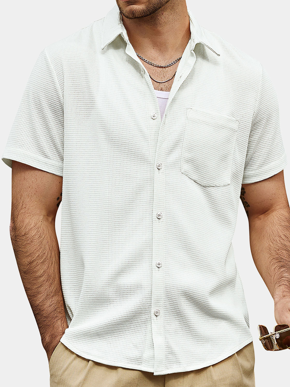 Camisa casual Waffle Summer Beach de manga corta para hombre