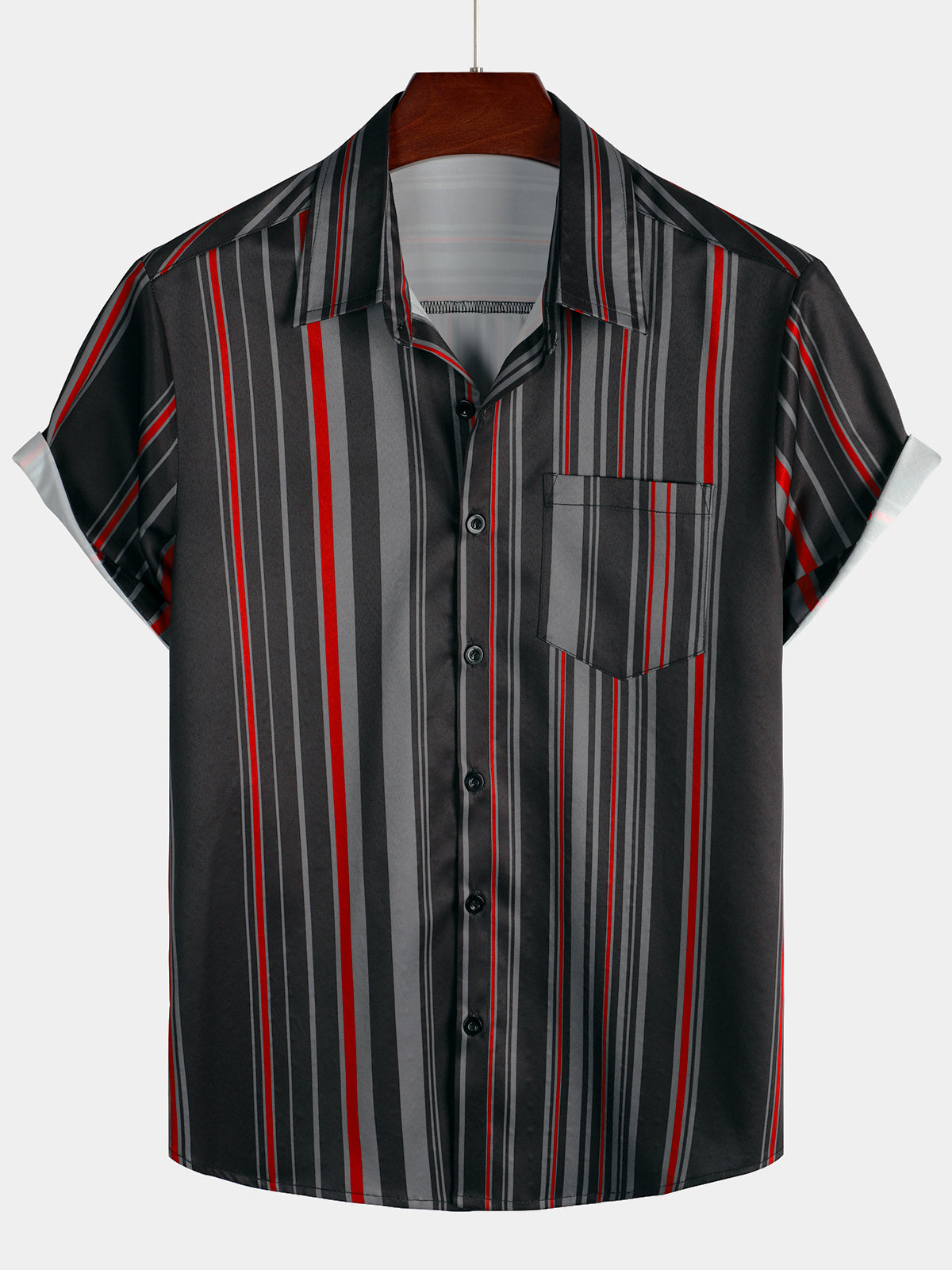 Camisa retro Black And Red Vertical a rayas Pocket vintage 70s de manga corta para hombre