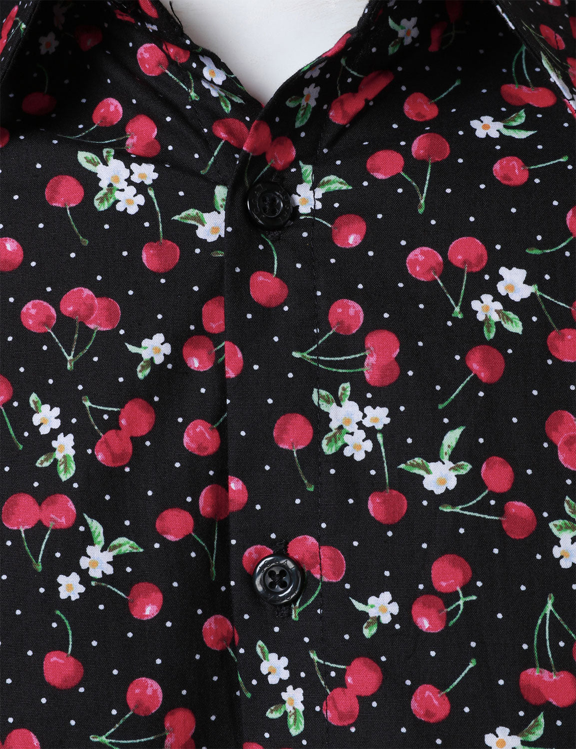 Camisa Cherry estampado transpirable de algodón Black de manga larga para hombre