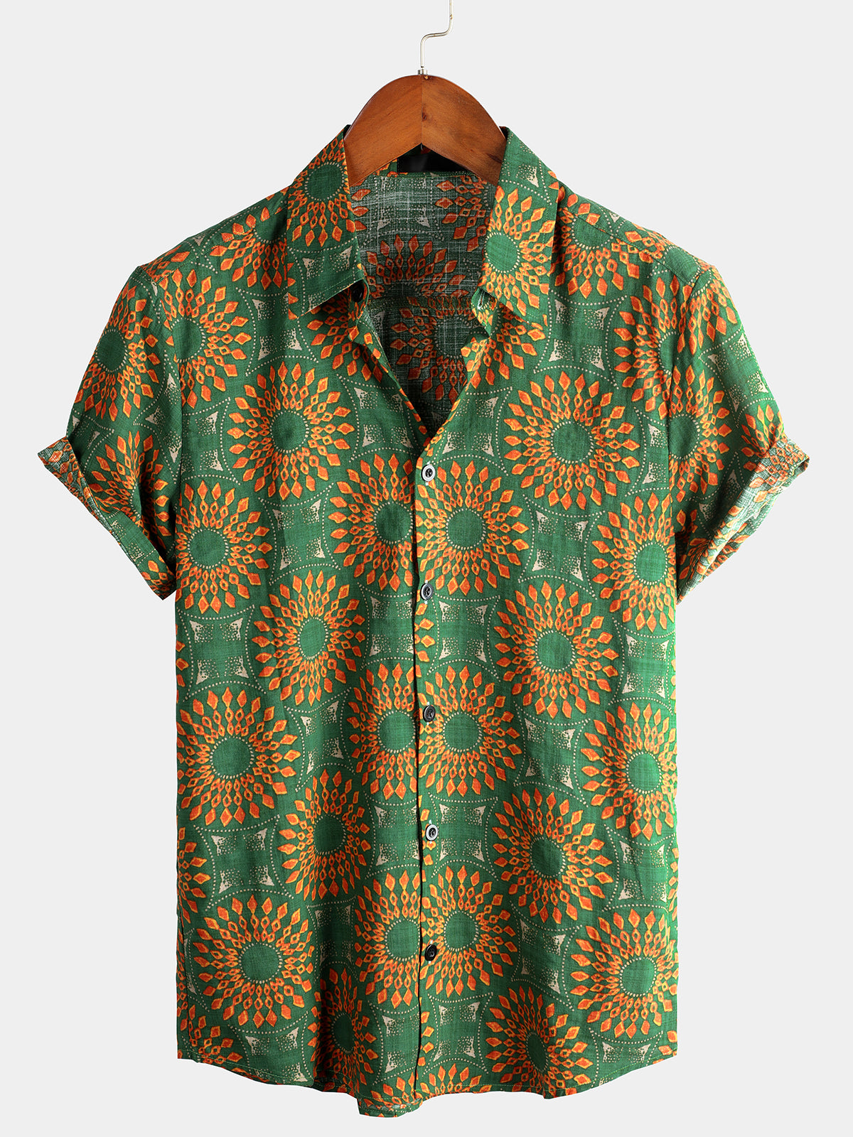 Camisa de algodón vintage 70s floral retro Button Up Green Summer Beach Bohemian Boho de manga corta para hombre
