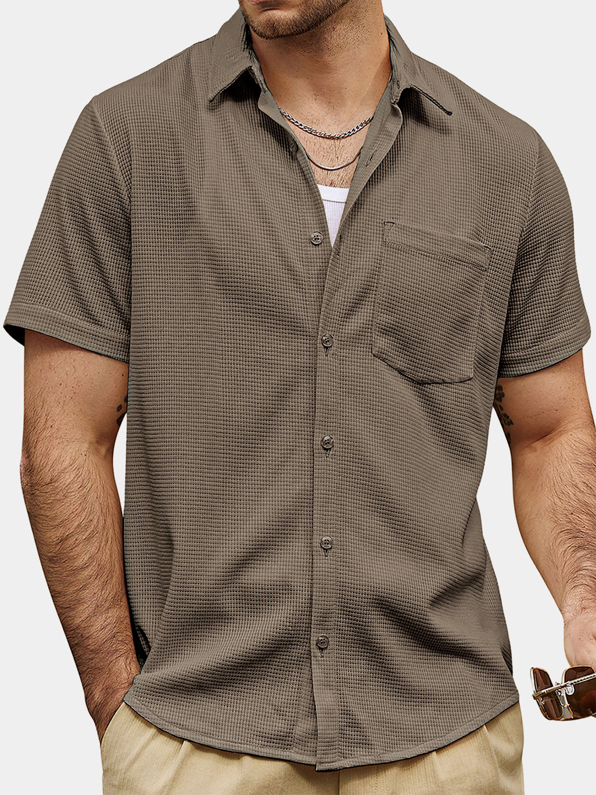Camisa casual Waffle Summer Beach de manga corta para hombre