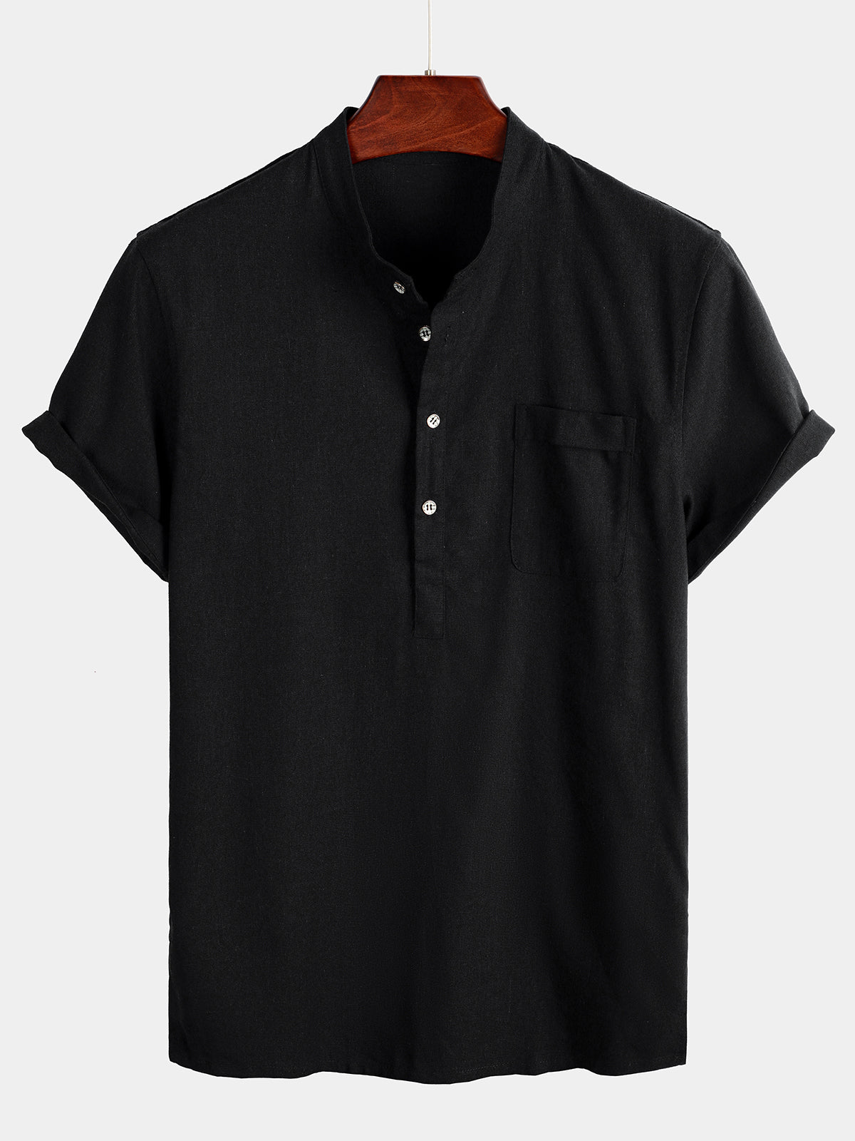 De color sólido Stand Collar Half Button Pocket Froncamiseta para hombre