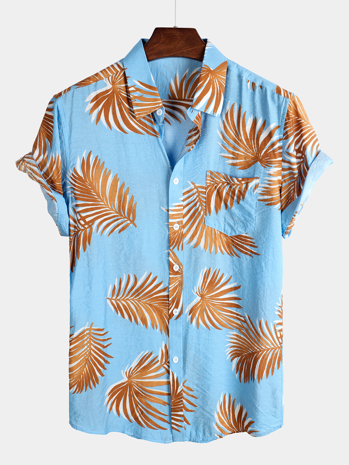 Camisa Blue Tropical Leaves estampado Pocket de manga corta para hombre