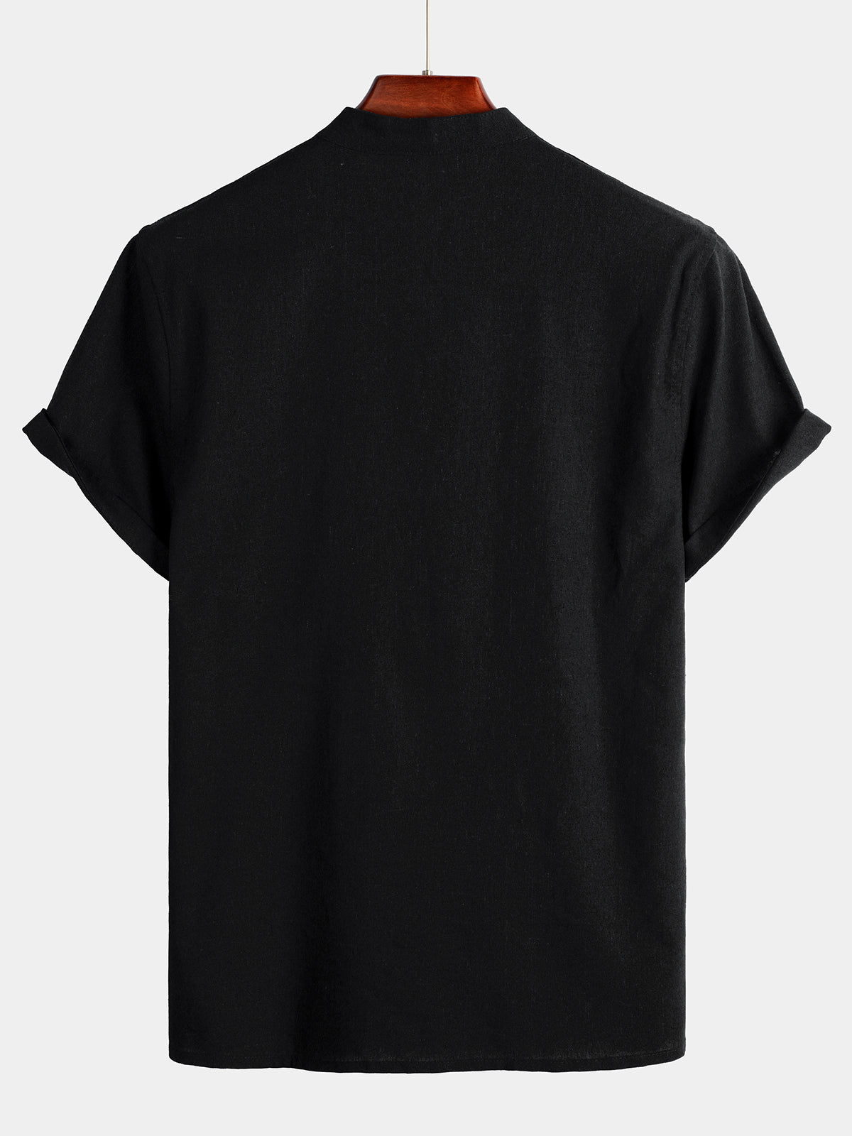 De color sólido Stand Collar Half Button Pocket Froncamiseta para hombre