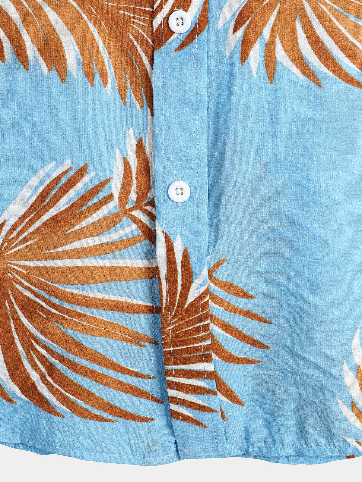 Camisa Blue Tropical Leaves estampado Pocket de manga corta para hombre