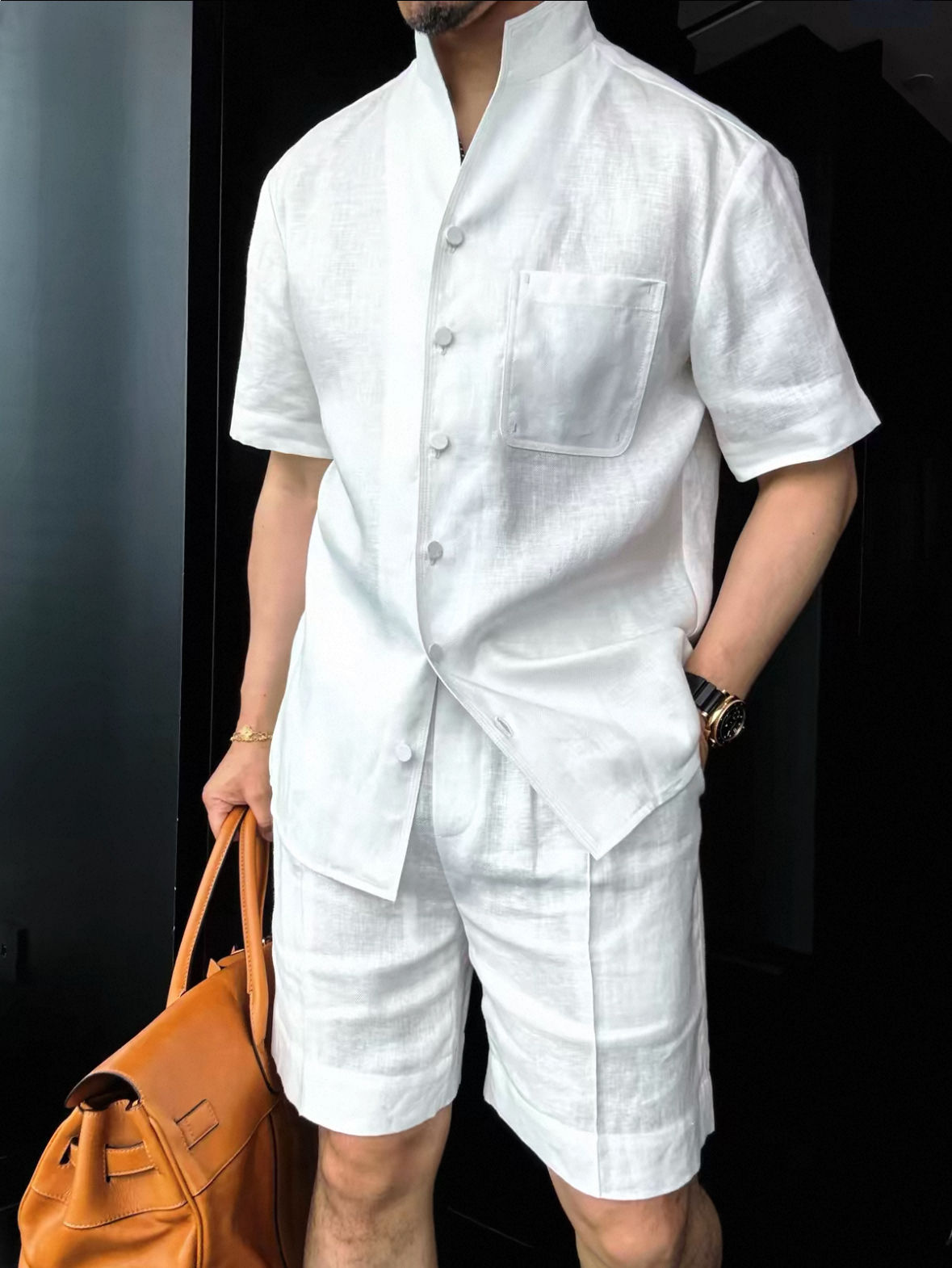 Camisa Summer de lino Mandarin Collar & shorts Set para hombre