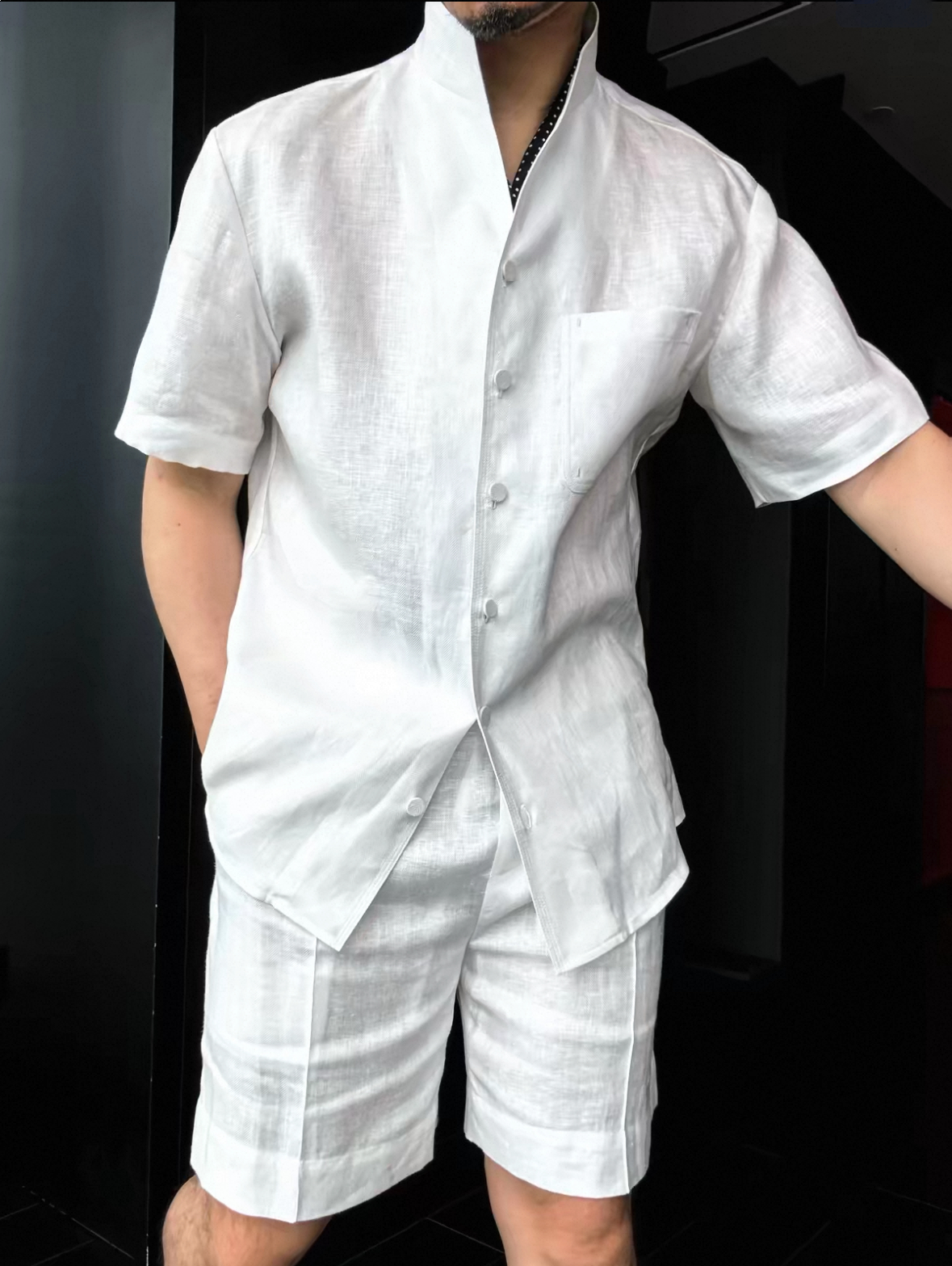 Camisa Summer de lino Mandarin Collar & shorts Set para hombre