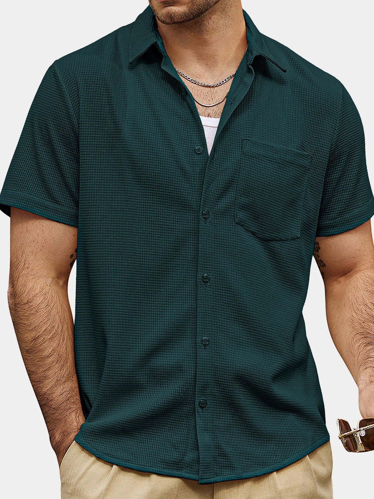 Camisa casual Waffle Summer Beach de manga corta para hombre