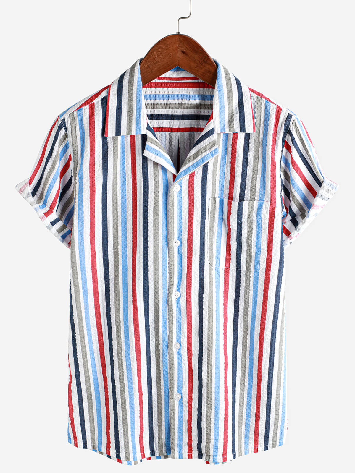 Camisa casual 100% de algodón a rayas Pocket Hawaiian Holiday Button Up de manga corta para hombre