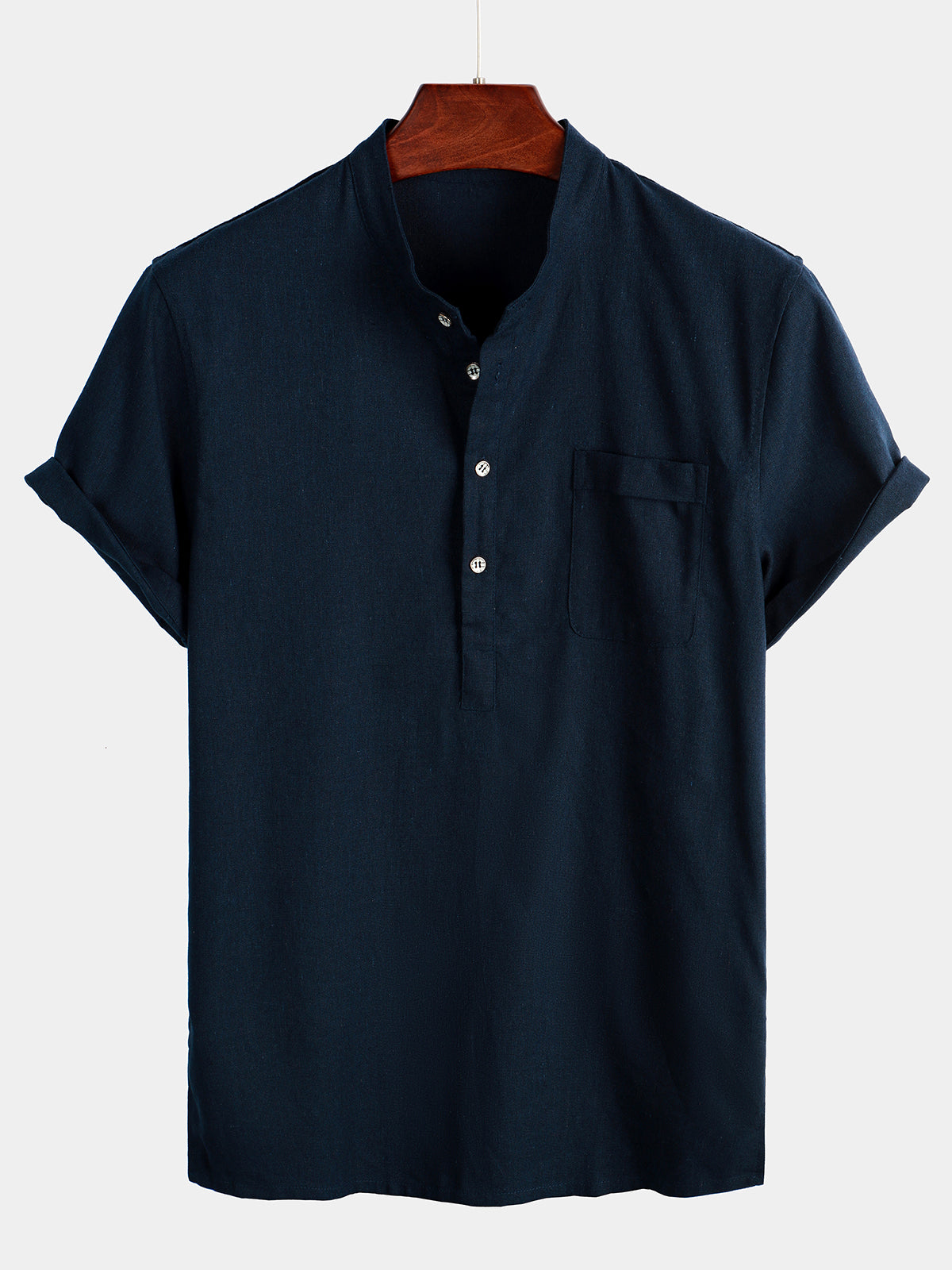 De color sólido Stand Collar Half Button Pocket Froncamiseta para hombre
