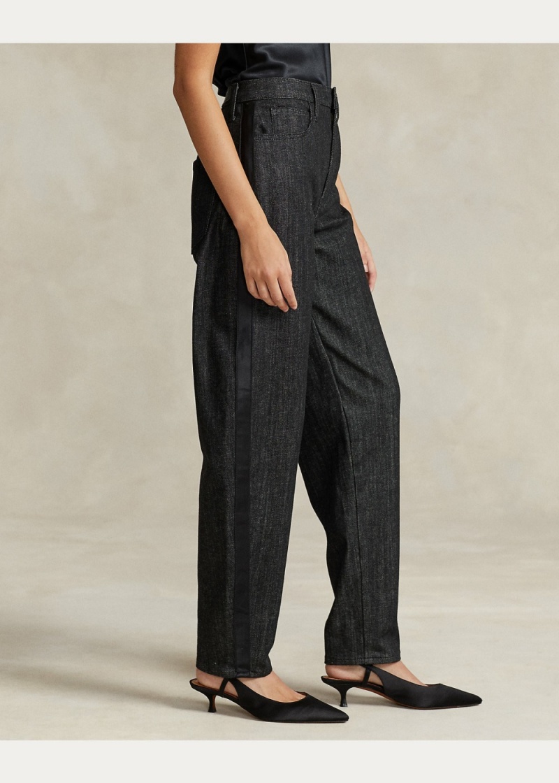 Jeans Satin-Stripe Curved Tapered Mujer Azules | VSXT56790 - vista 5