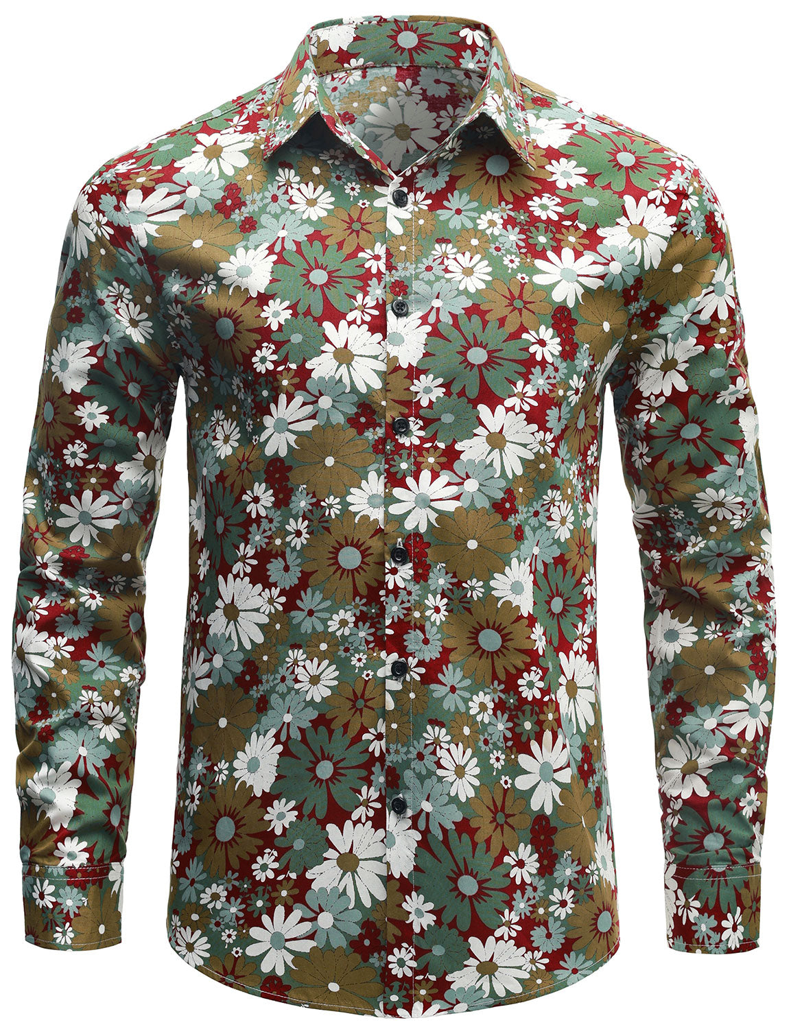 Camisa Khaki floral de algodón Button Up de manga larga para hombre