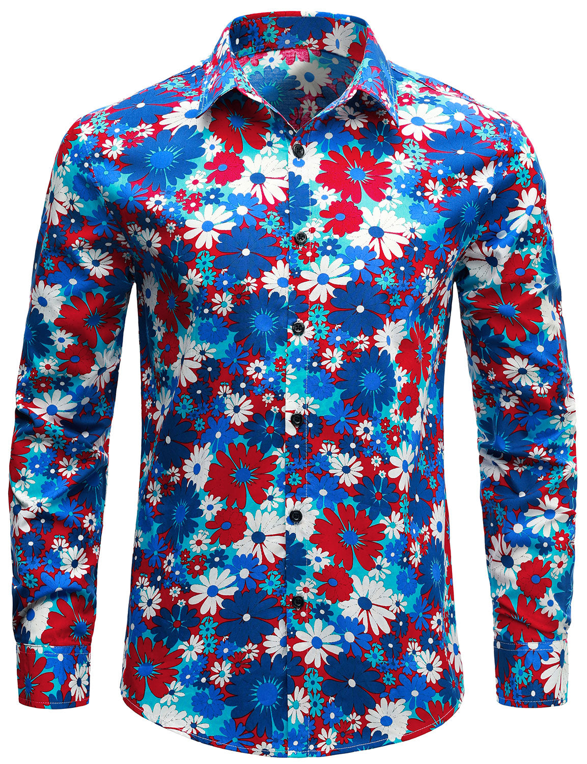 Camisa de algodón Blue floral Button Up de manga larga para hombre