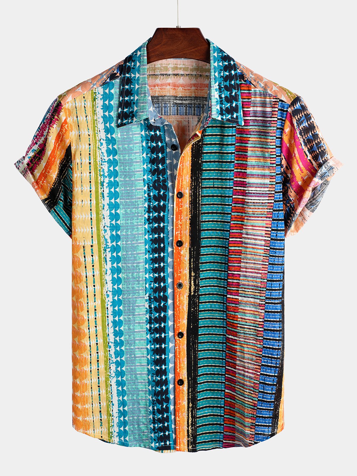 Camisa Colorful casual a rayas Button Up de algodón de manga corta para hombre