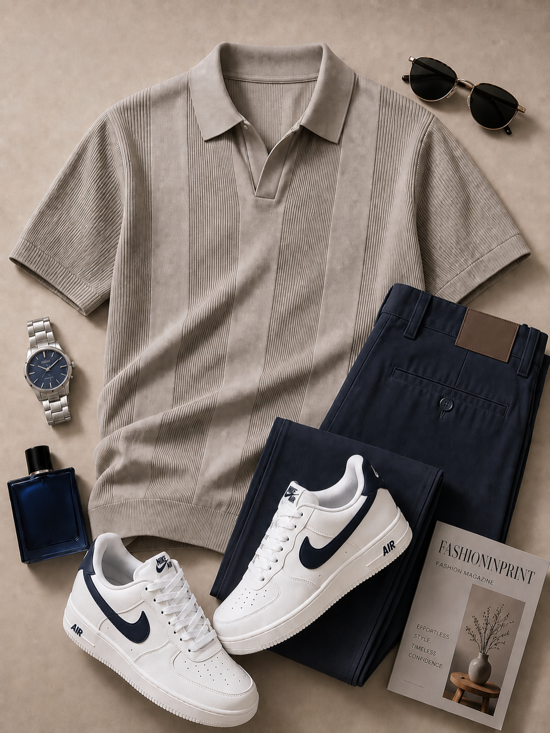 para hombre Taupe Open Collar Ribbed tejido Polo & Navy pantalón 2 Piece Set