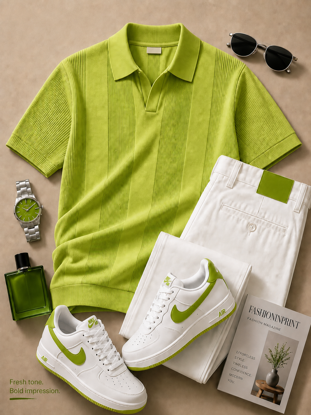 para hombre Lime Green Open Collar Textured tejido Polo & White pantalón 2 Piece Set