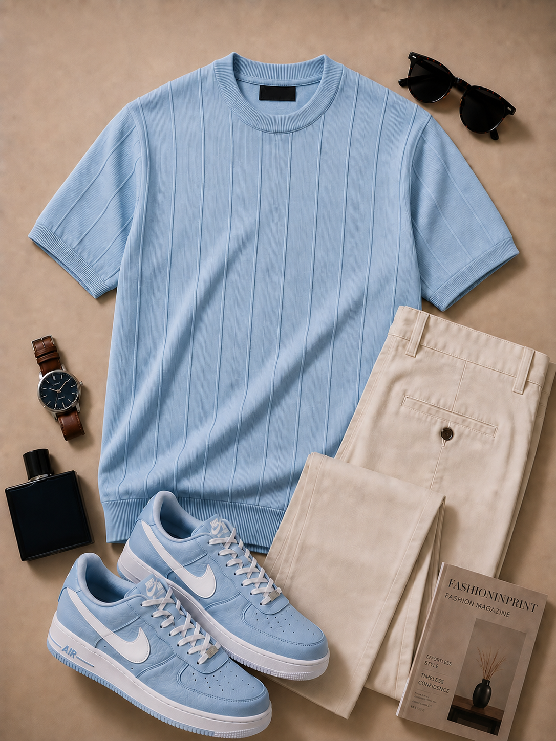 para hombre Light Blue Ribbed Crew Neck tejido Top & Beige pantalón 2 Piece Set