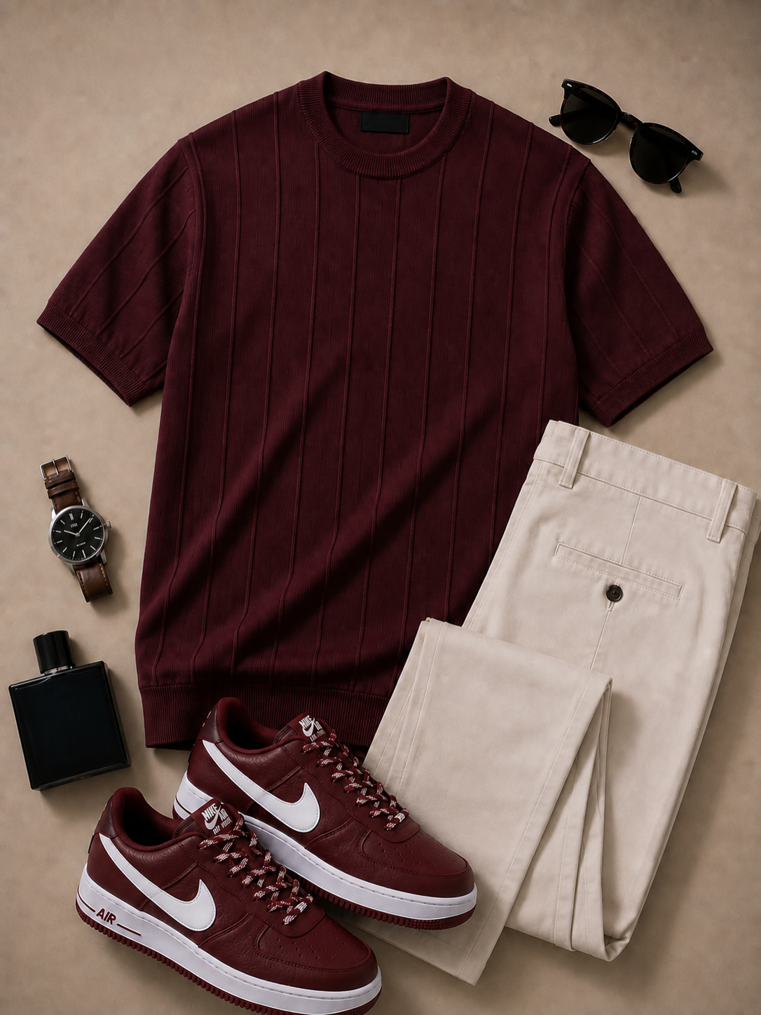 para hombre Burgundy Ribbed Crew Neck tejido Top & Beige pantalón 2 Piece Set