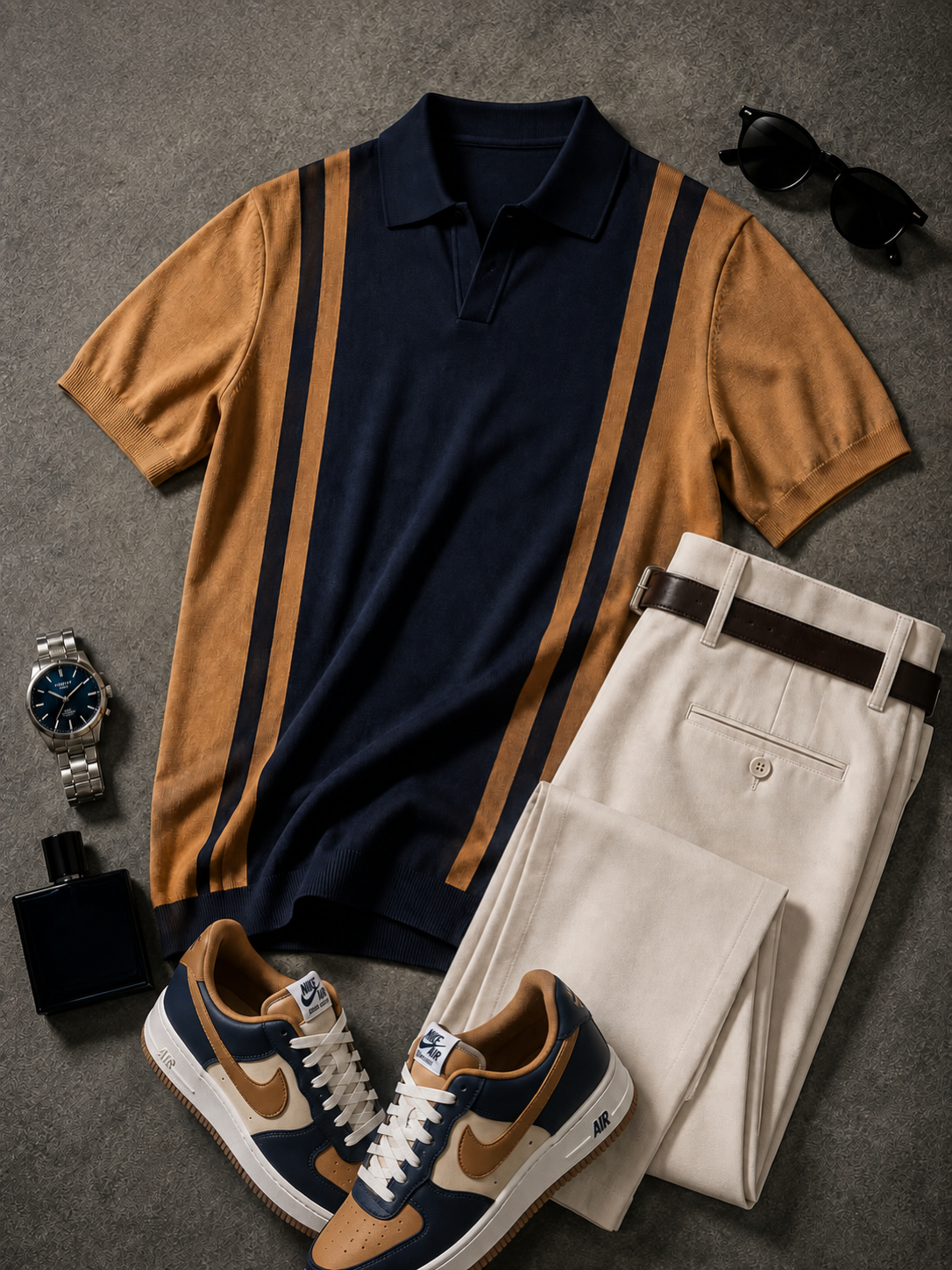 para hombre Navy Camel en bloques de color tejido Polo & Beige pantalón 2 Piece Set