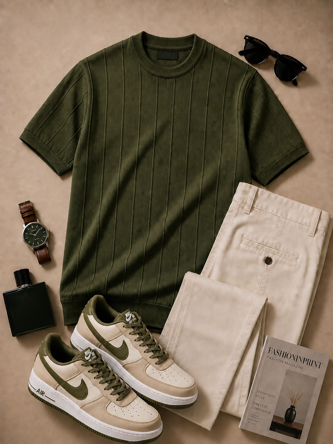 para hombre Olive Ribbed Crew Neck tejido Top & Beige pantalón 2 Piece Set