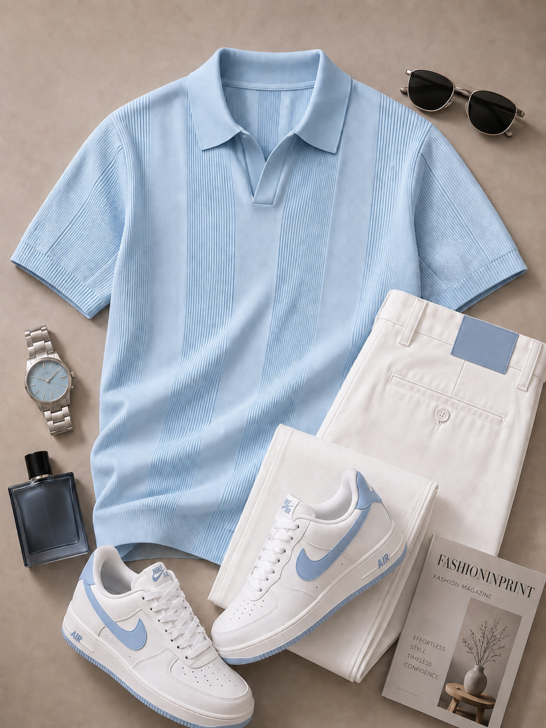 para hombre Light Blue Open Collar tejido Polo & White pantalón 2 Piece Set