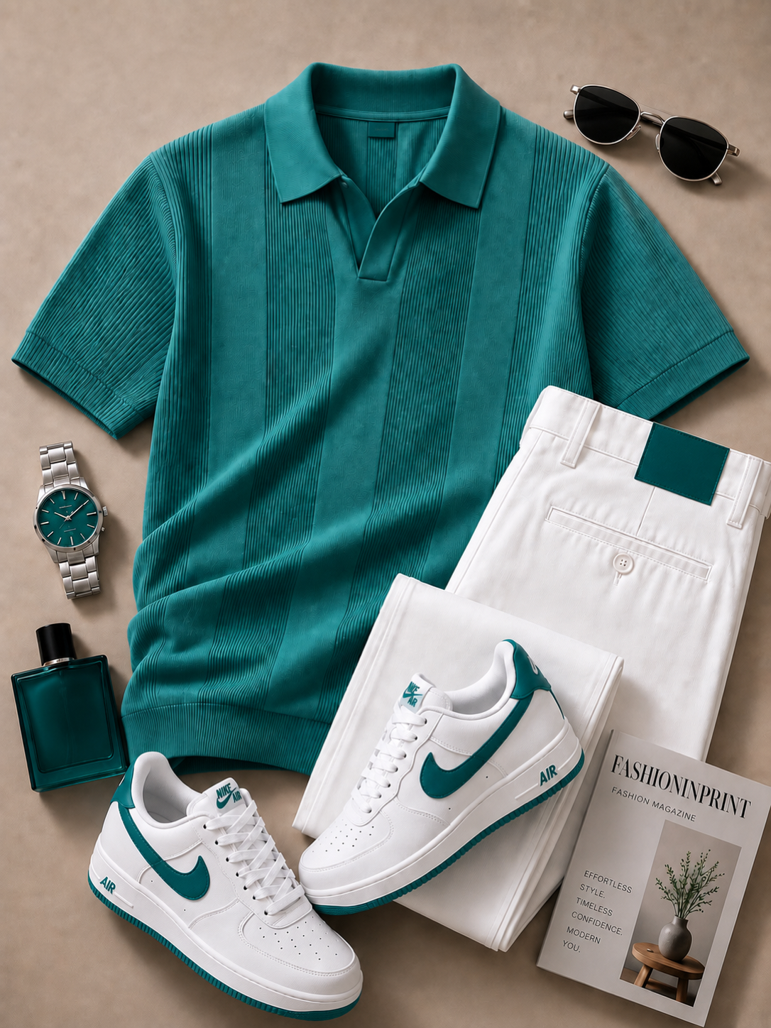 para hombre Teal Open Collar Textured tejido Polo & White pantalón 2 Piece Set