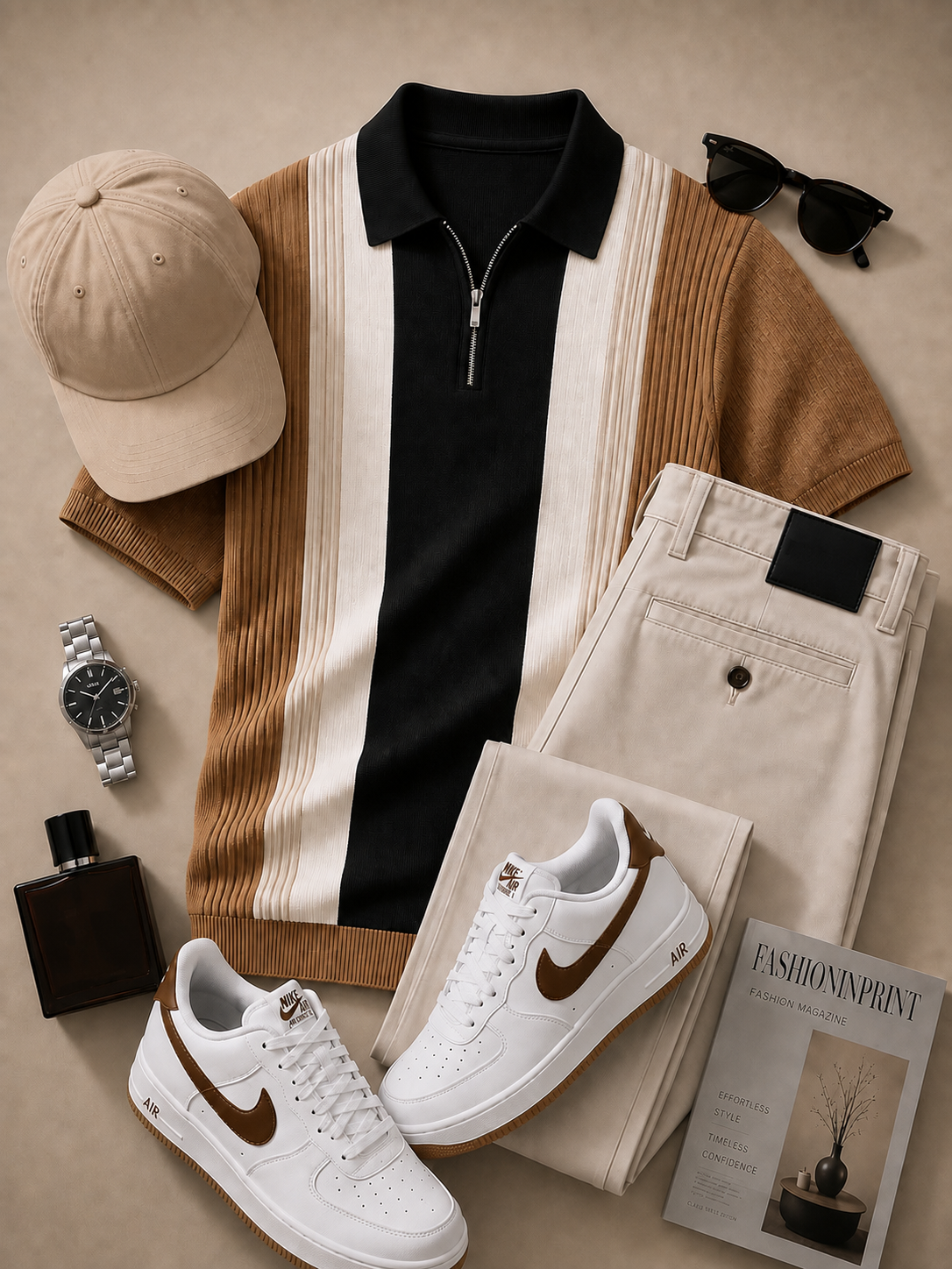 para hombre Black Camel Quarter Zip tejido Polo & Beige pantalón 2 Piece Set