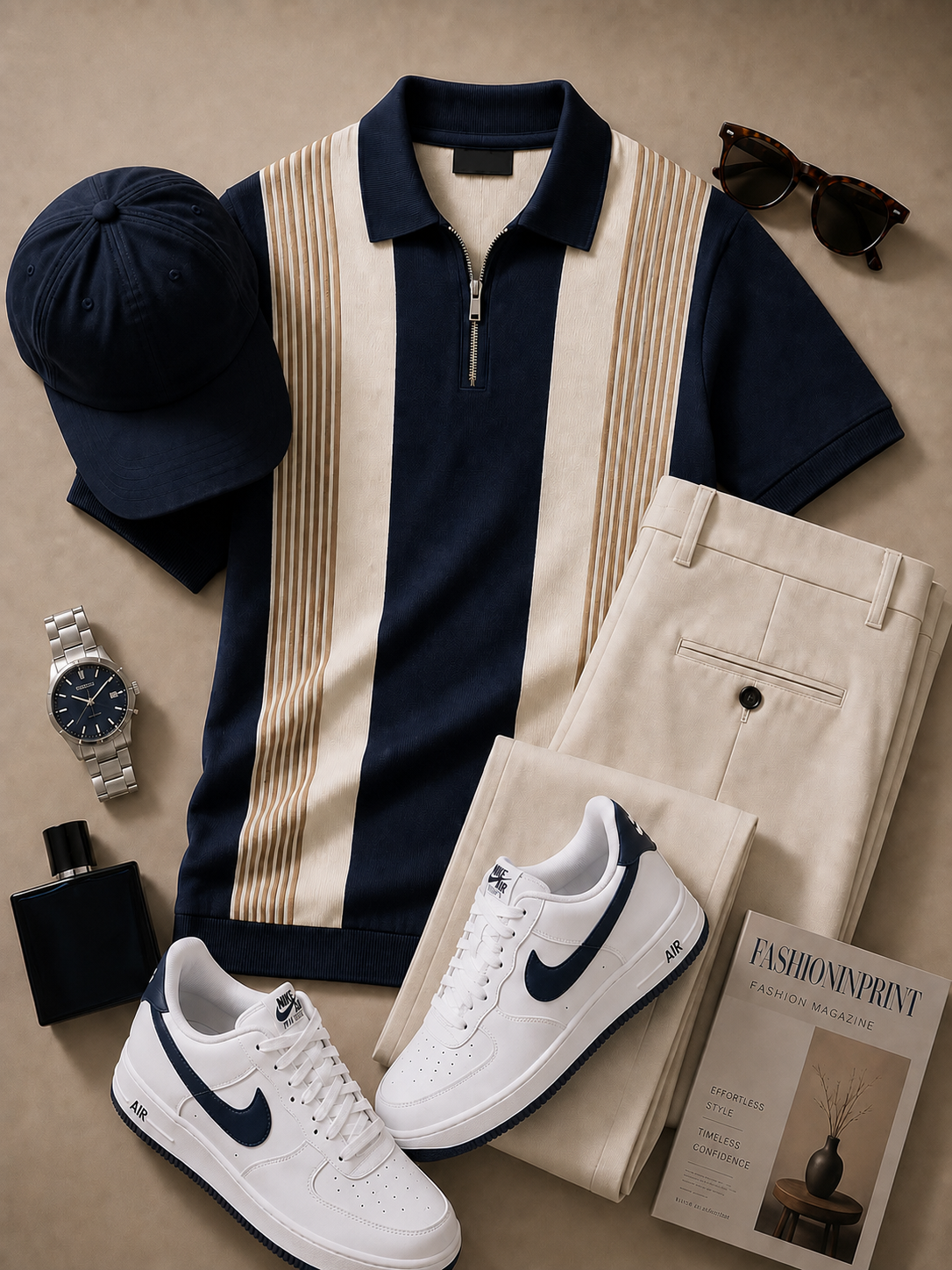 para hombre Navy Beige a rayas Quarter Zip tejido Polo & Beige pantalón 2 Piece Set