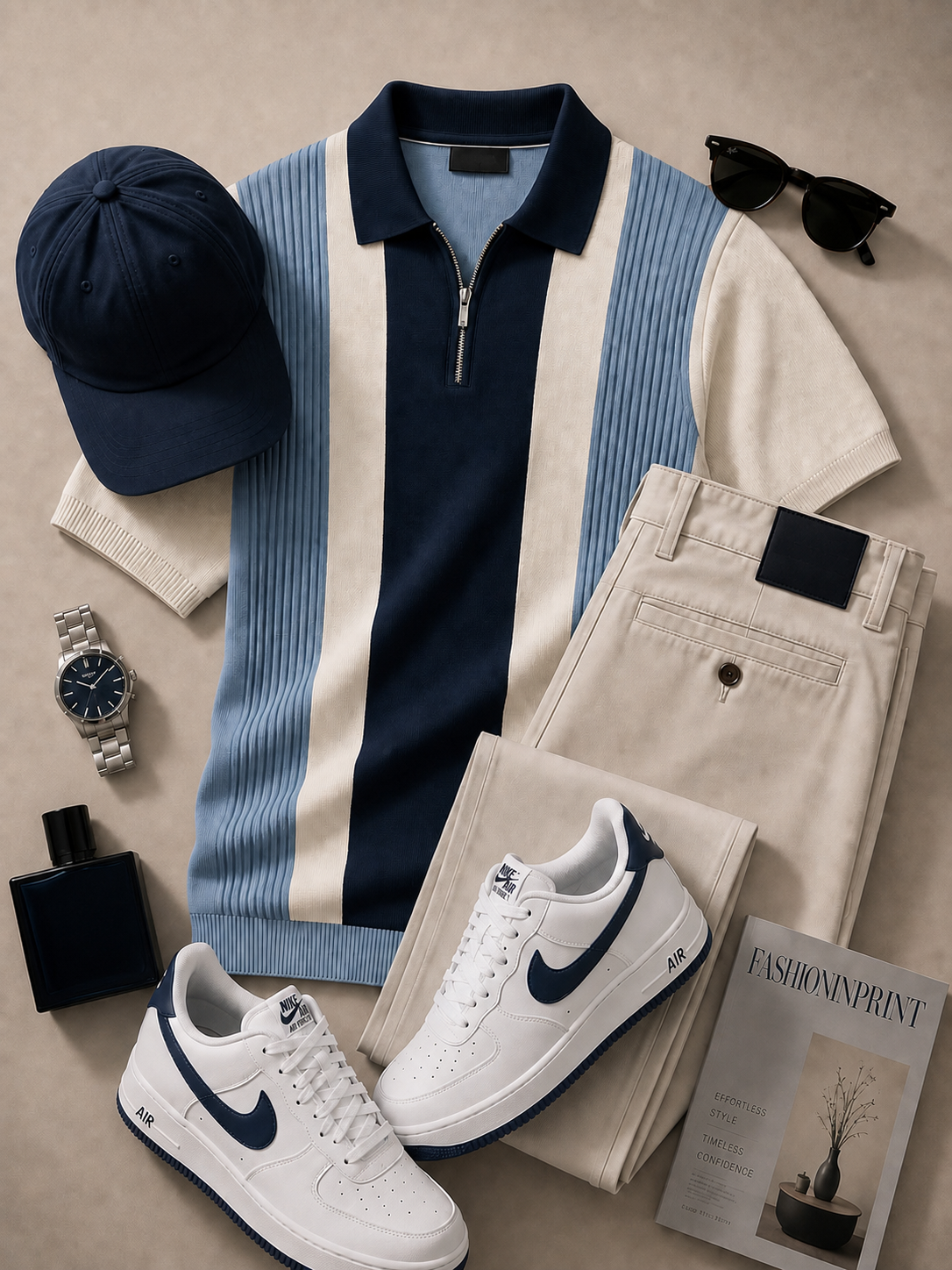 para hombre Navy Light Blue Quarter Zip tejido Polo & Beige pantalón 2 Piece Set