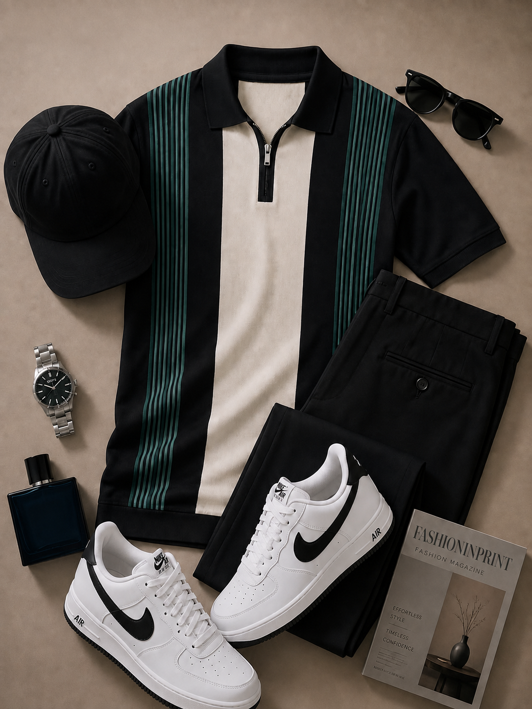 para hombre Black Green Quarter Zip tejido Polo & Black pantalón 2 Piece Set