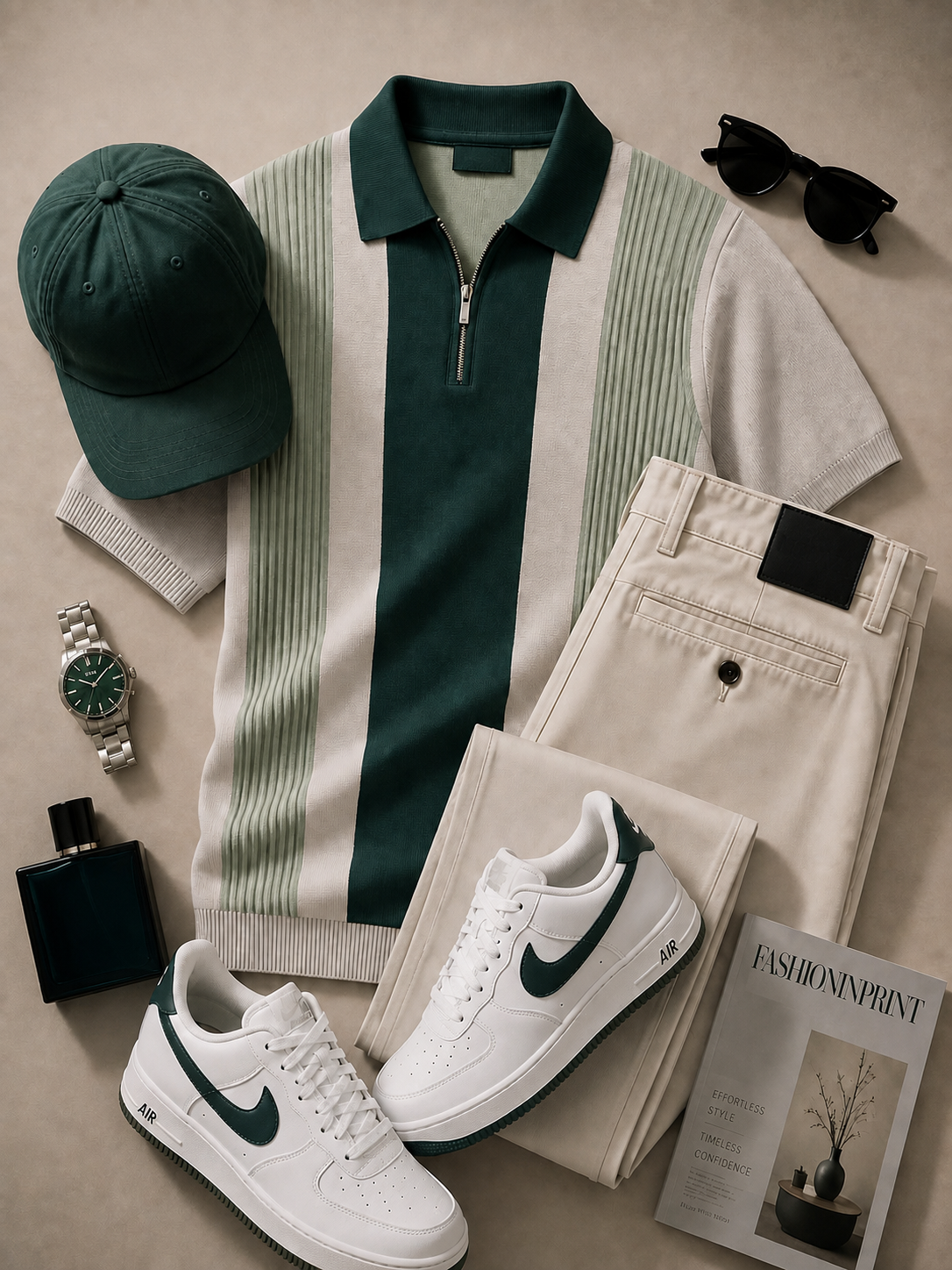 para hombre Green Cream Quarter Zip tejido Polo & Beige pantalón 2 Piece Set