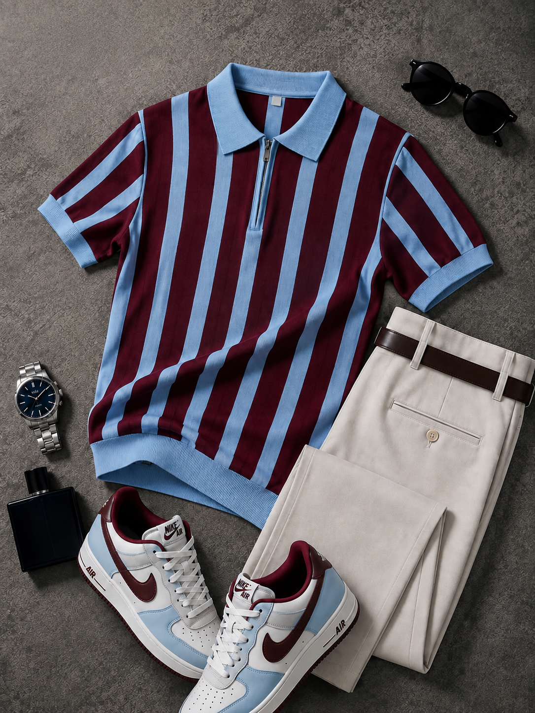 para hombre Burgundy Light Blue a rayas tejido Polo & Beige pantalón 2 Piece Set