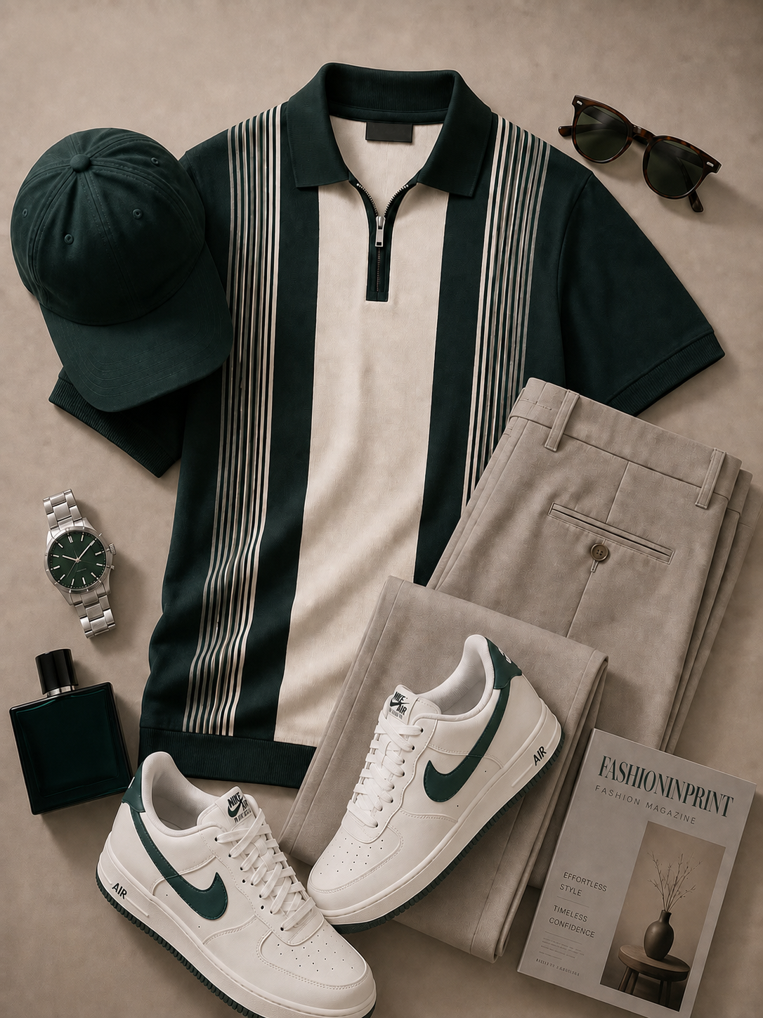 para hombre Dark Green Cream Quarter Zip tejido Polo & Beige pantalón 2 Piece Set