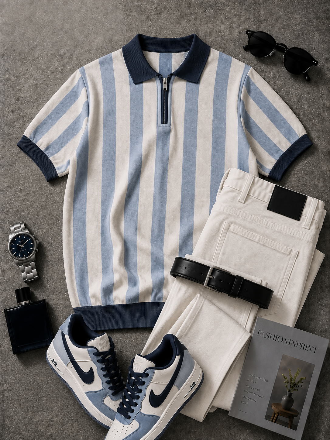 para hombre Light Blue Cream a rayas Quarter Zip tejido Polo & Beige pantalón 2 Piece Set