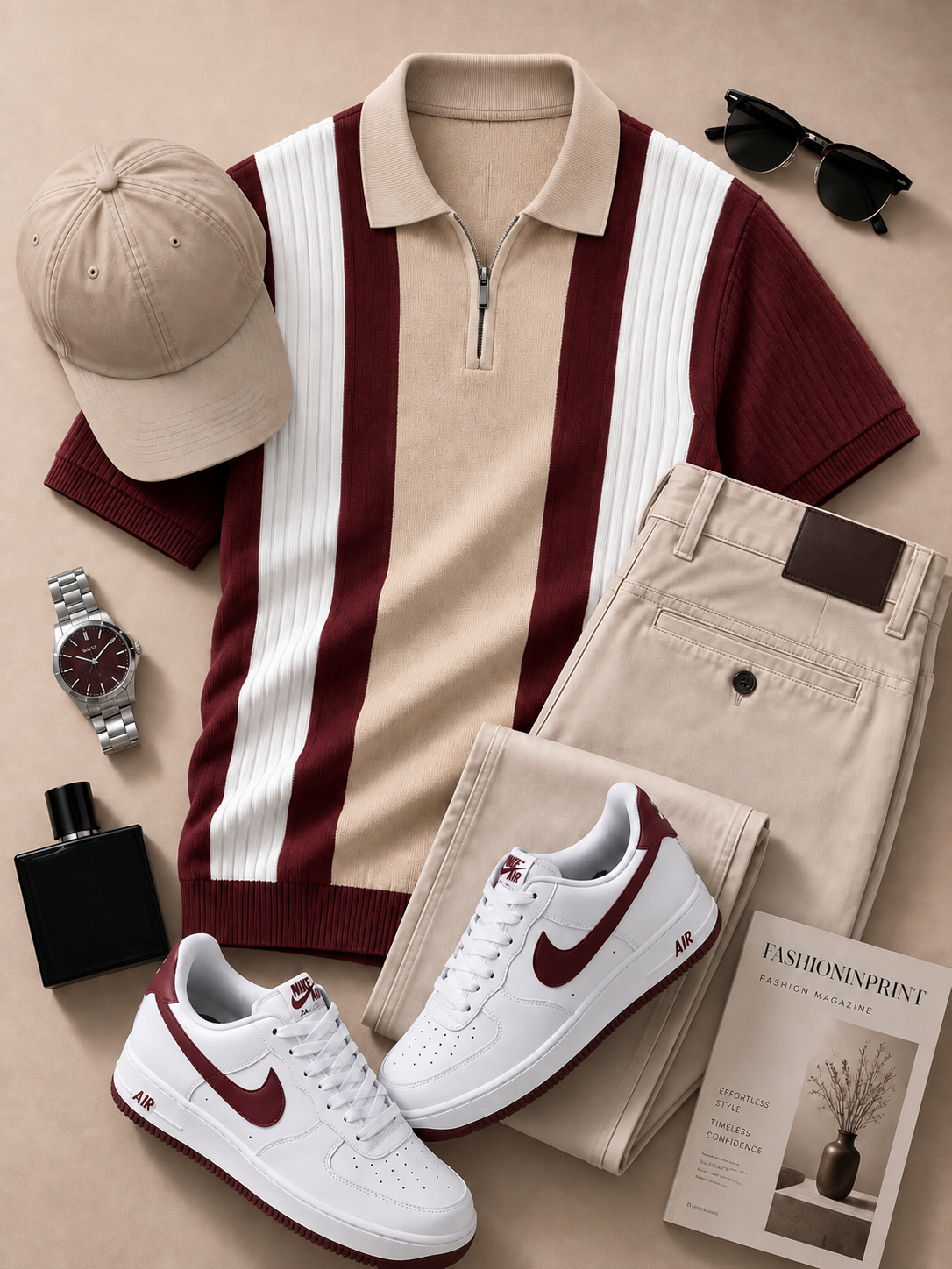 para hombre Burgundy Beige Quarter Zip tejido Polo & Beige pantalón 2 Piece Set